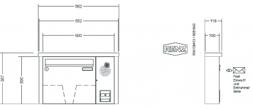 RENZ Briefkastenanlage Aufputz, Tetro, Edelstahl V4A, Kastenformat 370x330x100mm, mit Klingel - & Lichttaster und Vorbereitung Gegensprechanlage, 1-teilig